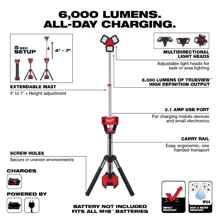 LINTERNA LED DE PEDESTAL 6.000 LUMENES M18 (2136-20) MILWAUKEE