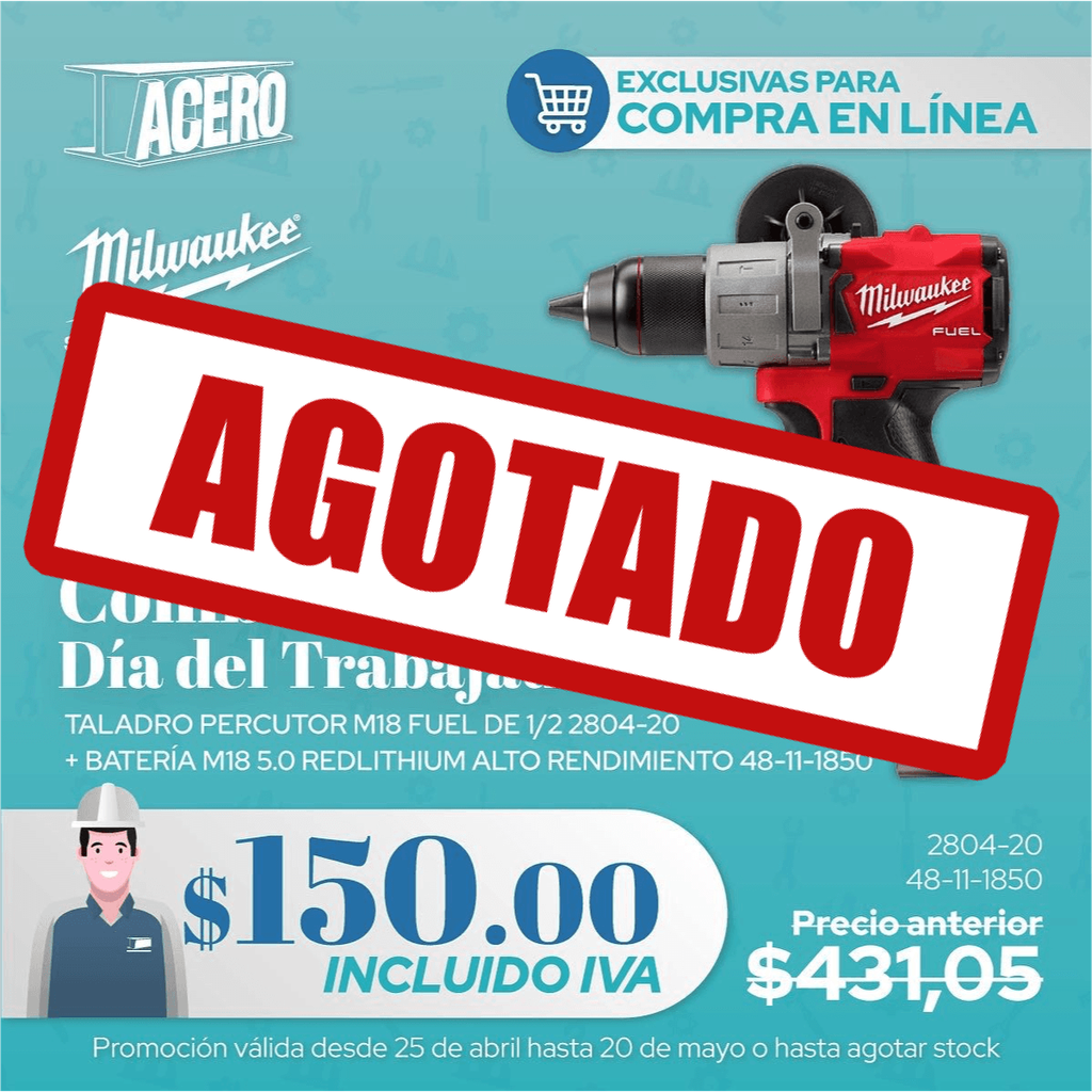 TALADRO INALÁMBRICO PERCUTOR 1/2&quot; MILWAUKEE M18 SIN CARBONES FUEL  18V CON BATERÍA 5 AMP (2804-22) (copia)