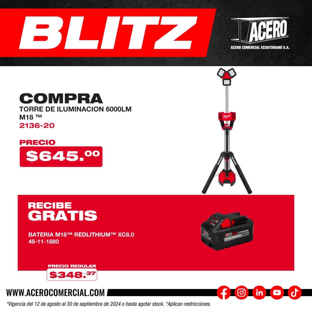 LÁMPARA LED DE PEDESTAL 3000 LÚMENES A BATERÍA M18 (2135-21HD) MILWAUKEE (copia)