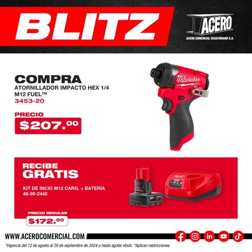 ATORNILLADOR DE IMPACTO HEXAGONAL M12™ FUEL™ de 1/4&quot; (3453-20) | GRATIS: CARGADOR Y BATERIA M12™ REDLITHIUM™ XC4.0 (48-59-2440) MILWAUKEE